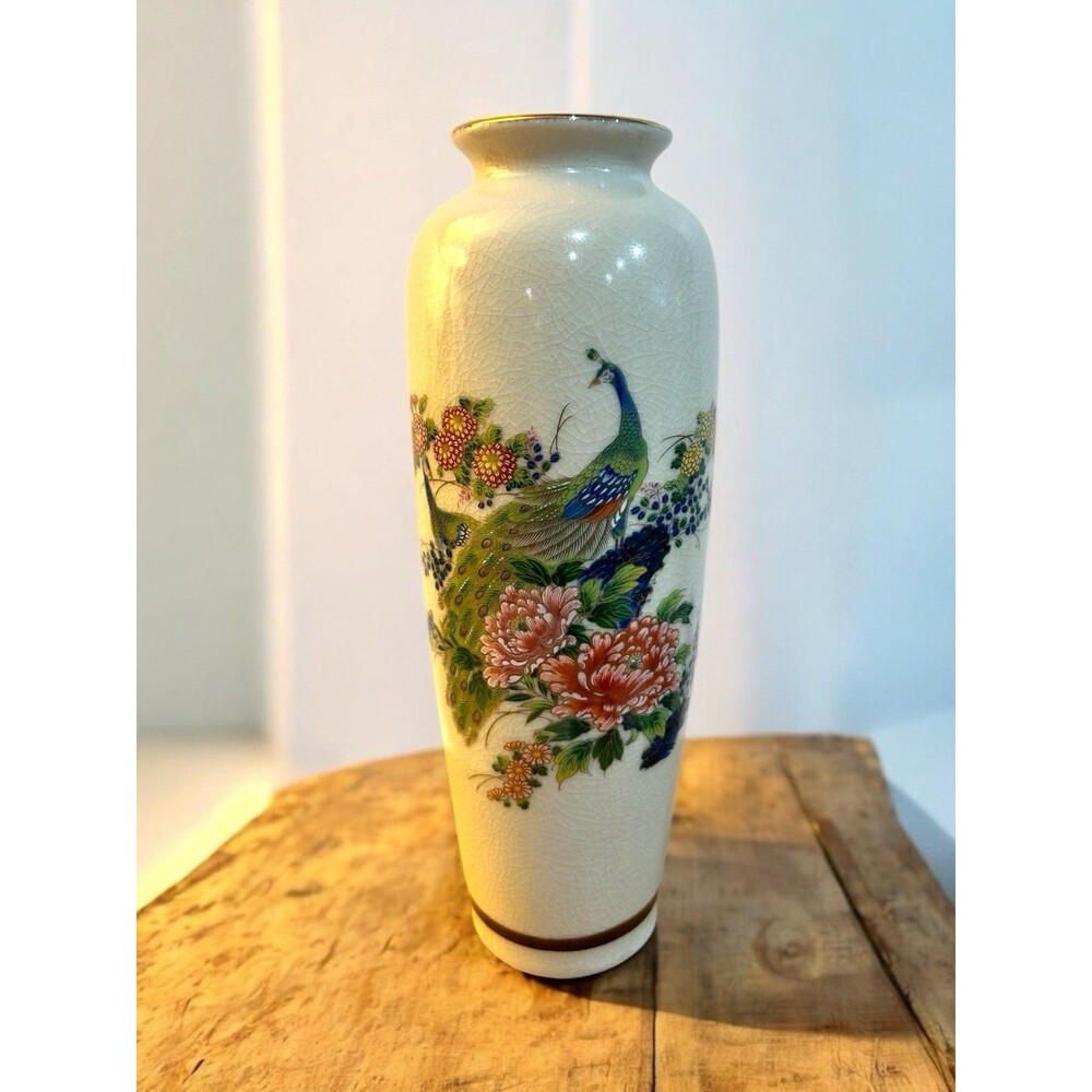 Vtg Japanese Ceramic Peacock Vase Hand Painted Signed Crackled Finish